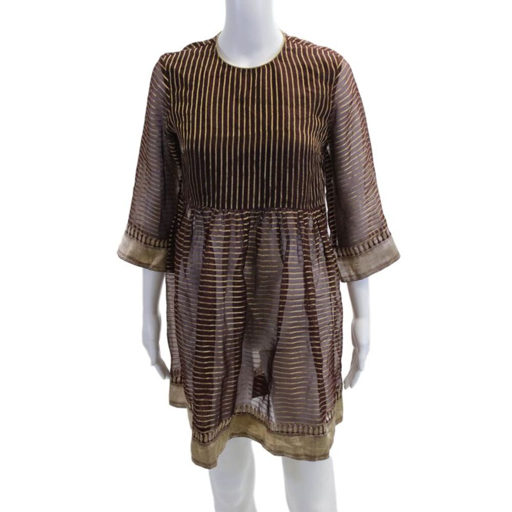Designer Womens Brown Shift Dress 3/4 Sleeve Round Neck Size S